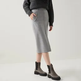 Skirts Early Autumn Women Grey Wool Slit Solid Colour Straight Temperament Skirt