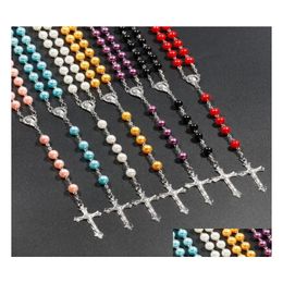 Pendant Necklaces 7 Colors Relius Catholic Rosary Necklaces Jesus Cross Pendant Long 8Mm Bead Chains For Women Men Christian Jewelry G Dh5Th