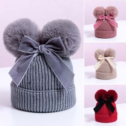 Double Pompom Cute Bow Baby Hat Winter Knitted Kids Baby Girl Winter Hat Warm Thicker Children Infant Beanie Cap Girls Bonnet292p