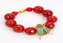 GuaiGuai Jewellery 18MM Red Agate CZ Beetle Connector Bracelet Handmade For Women Real Lady Fashion Jewellry3531418