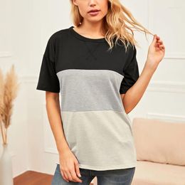 Women's T Shirts 2024 Woman Casual T-shirt Tops Spring Autumn Cross Color Matching Round Neck Hit Short-sleeved Oversized All Match
