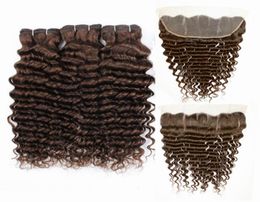 Deep Wave 4 Medium Brown Remy Human Hair Weave Bundles With Lace Frontal Closure 13X43502870