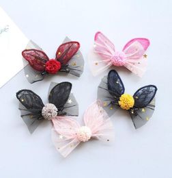 Boutique 20pcs Fashion Cute Pom Pom Bow Rabbit Ears Hairpins Solid Kawaii Gauze Bowknot Animal Ears Hair Clips Princess Headware4761689