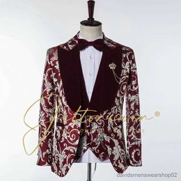 Men's Suits Blazers 3 Pieces Groom Suits For Wedding Men Suit Set 2022 Formal Luxury Burgundy Jacquard Terno Masculino Completo Slim Fit Tuxedo