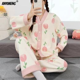 Women's Sleepwear Autumn Woman Cotton Pyjamas Cute Kimono Cardigan Thick Pijamas Fashion Warm V-neck Girls Pyjamas Loungewear