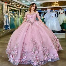 Pink Shiny Ball Gown Off the Shoulder Quinceanera Dresses 3D Flowers Appliques Lace Beads Tull Corset Vestidos De 15 Anos