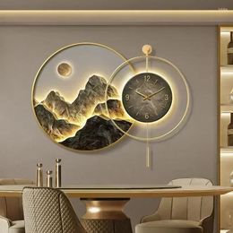 Wall Clocks Decorative Painting With Clock Back Hanging High-end Living Room Landscape Light Luxury Mural