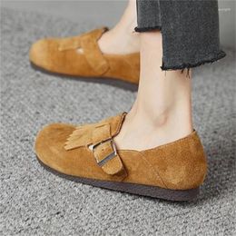 Dress Shoes Belts Buckle For Ladies Round Toes Tassel Chassure Femme Velvet Flat Heels Female Shallow Withfur Solid Zapatos De Mujer