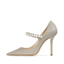 New Women Pumps Heeled Sandals London BAILY 100 mm Heel Italy Pointed Toe Pearl Crystal Ankle Sling Clastic Glitter Strass Stylist Wedding Party Sandal High Heels Box