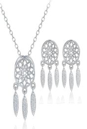 OMHXZJ Whole Personality Earrings Fashion Woman Girl Silver Feather 925 Sterling Silver Stud Earring Necklaces Jewellery Set SE04105315