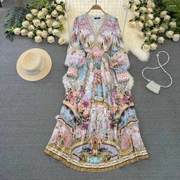 Casual Dresses Women's V Neck Lantern Sleeve Floral Print Fashion Holiday Dream Flower Long Dress Vacation Beach Party Robe Vestidos 6550