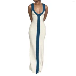 Casual Dresses V-Neck Elegant Women Mid Sleeveless Spring Summer Dress Stitching Contrast Colour Long Bodycon