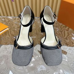 Slingbacks Pumps High Heels Sandals Famous Designer Women Chunky Heel Spring Summer Square Toe Luxury Shoes Denim