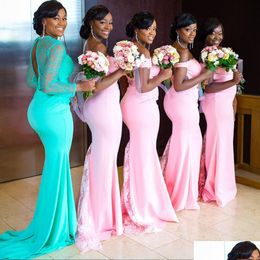 Bridesmaid Dress Long Pink Dresses Mermaid Off Shoder Lace Pleated Maid Of Honor Simple Style Elegant Wedding Guests Gowns Drop Deli Dhbhc
