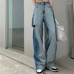 Women's Pants H.sa Retro Ripped INS Trend Gradient Colour Trousers High Waist Wide Leg Jeans Trendy