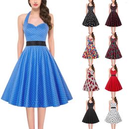 Casual Dresses Summer Women's 1950s Vintage Dress Brocade Hanging Neck Print Lace Up Waist Large Skirt