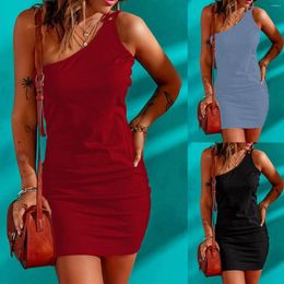 Casual Dresses Sexy One Shoulder Bodycon Mini Dress Women Summer Ribbed Cocktail Party Fashion Sleeveless Knitted Solid Sundress