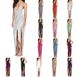 Casual Dresses Ladies Sleeveless Halter Neck Sexy Deep V Backless Sequined Dress