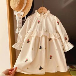 Flickor broderier blommor kläder klär barn vintage långa ärmar födelsedag vestidos söt fancy blommig prinsessa 115ys 240129