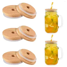 Dinnerware 8 Pcs Mason Jar Bamboo Lid Straw Lids Drinking Glass Bottle Canning Regular Wooden With Hole