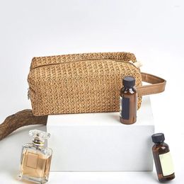 Cosmetic Bags Grass Weave Makeup Brush Storage Multipurpose Women Toiletry Organizer Bag Lightweight Large Capacity For Female Summer Travel