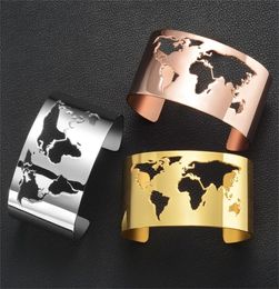 World Map Cutout Cuff Bangles Travel Peace Jewellery 35mm Wide Laser Engrave High Polished Stainless Steel Circle Angle Bracelets 25625056