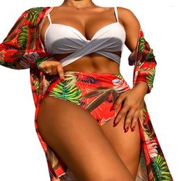 Women's Swimwear FS Sexy Women Red Print High Waist Bikini Set Hollowed Out Bathing Suit Long Smock Three Pieces 2024 Summer Arrival