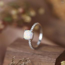 Cluster Rings S925 Silver White Opal Women Square Finger Ring Female Vintage Zircon Design Platinum Plated Luxury Jewelry Gift Lady