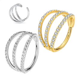 G23 Ear Cartilage Earring Earlobe Piercing three rows CZ Zircon Paved nose rings hoops Nipple lip Clicke ring Jewellery 240127