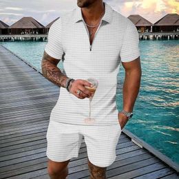 Men's Tracksuits Fashion Men Plus Size Casual Tracksuit Short Suit Solid Colour Small Cheque Sleeved 2 Piece Set