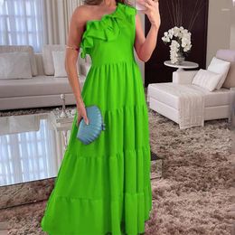 Casual Dresses Sexy Skew Collar Ruffle Boho Maxi Dress Women Spring One-shoulder Backless Hollow Long Summer Sleeveless Pleat Party