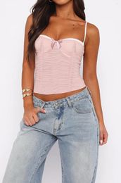 Women's Tanks Women Fashion Camisole Spliced Vest Summer Sexy Bow Lace Mesh V-Neck Slim Tops Versatile Casual Street Outfits