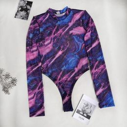 Women's Shapers Tie Dye Lingerie Women Long Sleeve Bodysuit Sexy Fancy Underwear Uncensored Intimate See Through Mesh Sensual Tops Jumpsuit