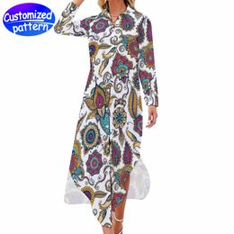 Women's custom button-down long sleeve shirt dress Long HD pattern skirt bird's nest slit design simple elegant 100% polyester 268g Colour contrast