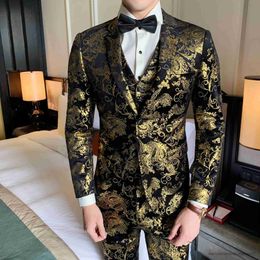 Men's Suits Blazers ( Jacket + Vest + Pant ) New Boutique Fashion Hot Stamping Mens Casual Business Suit Groom Wedding Dress Stage Suit 3 Pcs Set