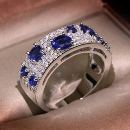 Handmade Wedding Rings Vintage Jewelry 925 Sterling Silver Fill Round Cut Blue Sapphire CZ Diamond Gemstones Party Women Party Bridal Ring For Lover Gift