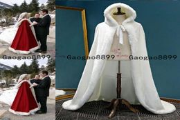 2020 Romantic Real Image Hooded Bridal Cape red White Long Wedding Cloaks Faux Fur For Winter Wedding Bridal Wraps Bridal Cloak Pl3528159