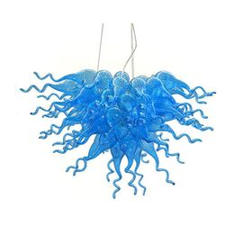 Luxury Hanging Pendant Lamps Hand Blown Glass Chandelier Blue Colour Art Lighting for High Ceiling Office Living Room