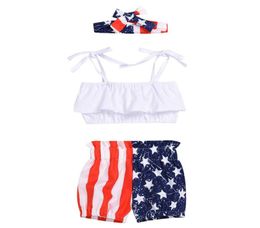 Girls Sling Swimsuit Set American Flag Independence National Day USA 4th July TieShirt Top Striped Star Print Stitching Shorts He4238834