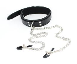 Bondage Gear PU Leather Metal Slave Neck Collar with Nipple Clip Clamps Breast Clit Clamps BDSM Fetish Sex Toys 4291379