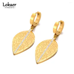 Hoop Earrings Stainless Steel Rhinestone Leaves For Women Metal Waterproof Statement Gold Colour Party Jewellery E23159