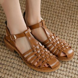 Sandals Women's Roma Style Narrow Band Braided T-strap Cow Leather Round Toe Hollow-out Breathable Summer Flats Shoes For Women