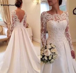 vintage Wedding Dresses A Line Sheer scallop neck illusion bodice long sleeves Backless Lace applique and Satin Bridal Wedding Gowns court train