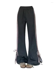 Women's Pants Harajuku Striped Flare Jeans Low Waist Slim Cross Bandage Elastic Sweatpants Preppy Style Fashion Trousers American Retro