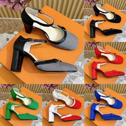 Vintage Slingbacks Pumps High Heels Sandals Famous Designer Women Chunky Heel 2024 Spring Summer Square Toe Luxury Shoes Denim Leather Top Mirror Quality Quality