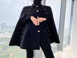 Whole Black Cape Woollen Cloth Coat Women Poncho Autumn Winter Midlength Loose Vintage Cloak Outwear Fashion Buttons Female4445551