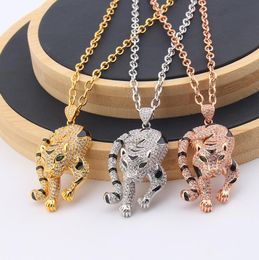 Hiphop Domineering Tiger Descending the Mountain with Green Eyes Pendant Necklace Male and Female Personality Trend Micro Set Zircon Stone Necklace