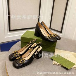 G Family Horse Titles Buckle Thick Heel Shallow Mouth Single Shoes 2024 Early Spring New One Line 7cm Embroidered Buckle Mary Jane Shoes