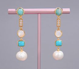 GuaiGuai Jewelry White Keshi Pearl shell Blue Turquoise Amazonite Drop Stud Earrings Handmade For Women Real Gems Stone Lady Fashi6083214