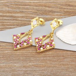 Dangle Earrings AIBEF Vintage Pearl Rhombus Rhinestone Hollow Out Gold Plated 4 Colours Piercing Women Copper CZ Aesthetic Jewellery Gifts